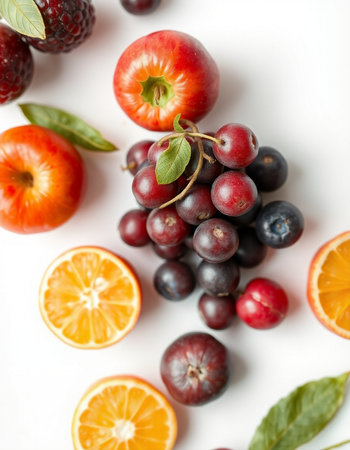 Fresh fruits on white background, top view. Healthy food concept.の写真素材