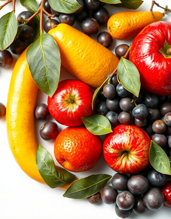 Fresh fruits and berries isolated on white background. Healthy food concept.の写真素材
