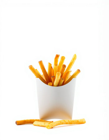 French fries in a paper cup isolated on white background. Fast food.の写真素材