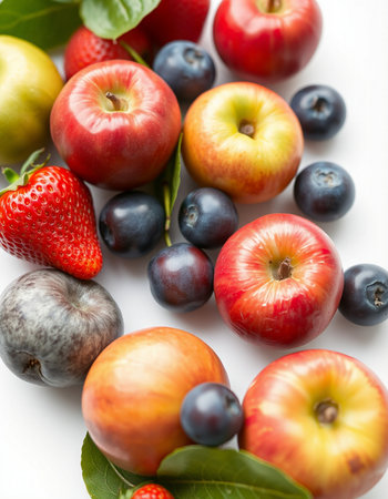 Fresh fruits on a white background, close-up, selective focusの写真素材
