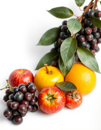 Fruits isolated on a white background. Fresh fruits with leaves.の写真素材