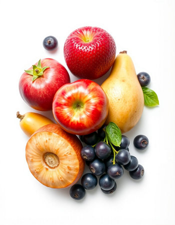 Fruits isolated on white background. Healthy eating concept. Top view.の写真素材