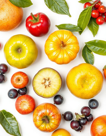 Colorful fruits isolated on white background. Flat lay, top viewの写真素材