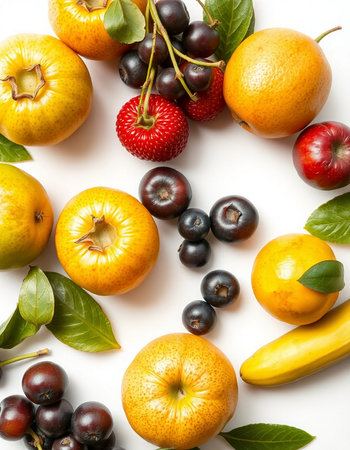 Fruits and berries on a white background. View from above.