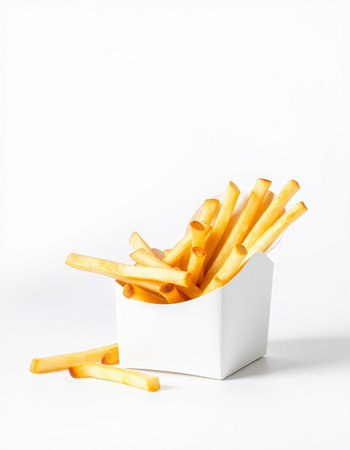 French fries in a white box on a white background. Copy space