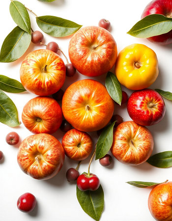 Ripe apples and cherries with leaves on a white background.の写真素材