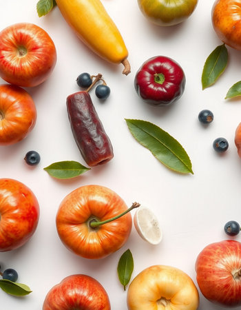 Fruits and vegetables on a white background. Flat lay, top viewの写真素材