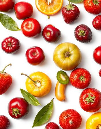 Fruits and vegetables isolated on white background. Top view. Flat lay patternの写真素材