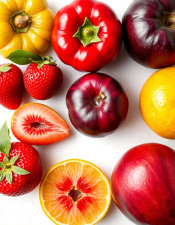 Fruits and vegetables on a white background. Flat lay, top view.の写真素材