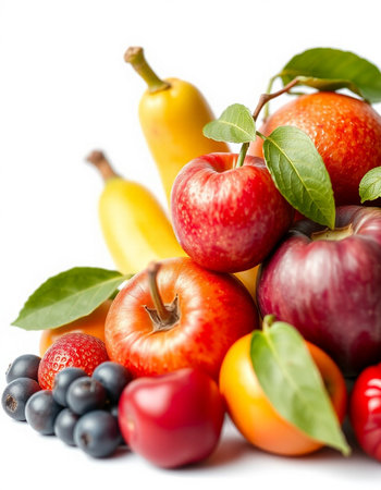 Fruits and vegetables isolated on white background. Healthy food concept.