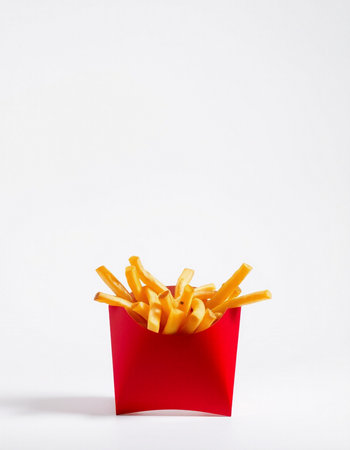 French fries in a red box on a white background. Fast food.の写真素材