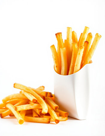 French fries in a white bowl on a white background. Isolated