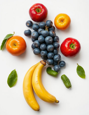 Fruits and vegetables on a white background. Top view. Flat lay.の写真素材