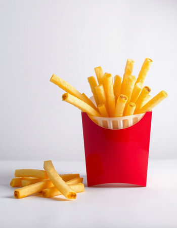 French fries in a red box on a white background. Fast food.