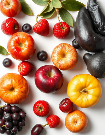 Composition with different fruits and vegetables on white background, top viewの写真素材