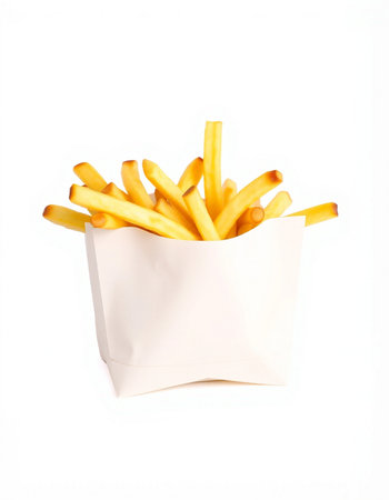 French fries in paper bag isolated on white background. Fast food.