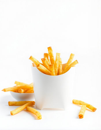French fries in white paper cup on white background. Selective focus.