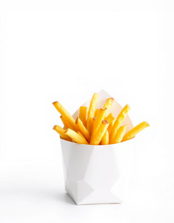 French fries in a paper cup isolated on white background with clipping pathの写真素材