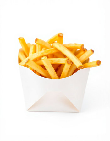 French fries in a paper box on a white background. Isolated