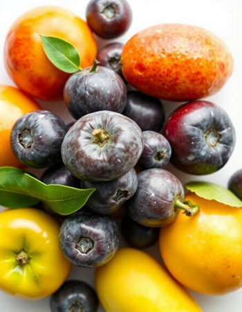 Fresh fruits on a white background. Top view. Flat lay.