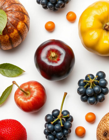 Fruits and vegetables on a white background. Flat lay, top viewの写真素材