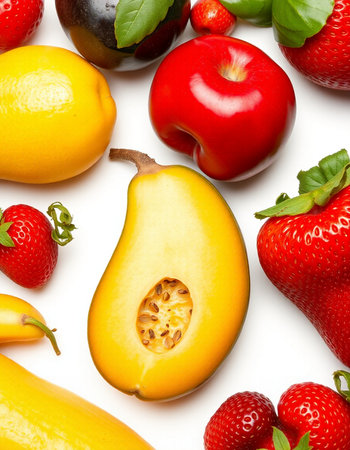 Seamless pattern of fresh fruits and berries on white background.の写真素材