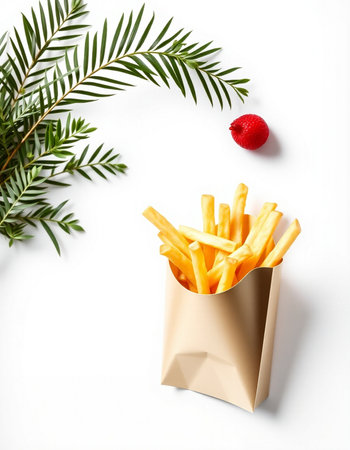 French fries in paper bag on white background. Top view, flat lay