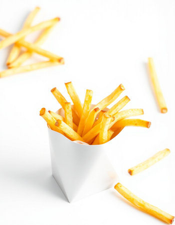 French fries in a white box on a white background, close-up