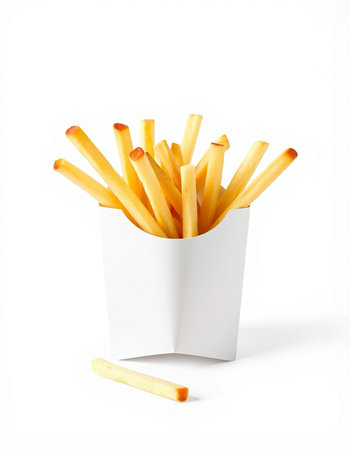 French fries in a paper box isolated on white background. Fast food.
