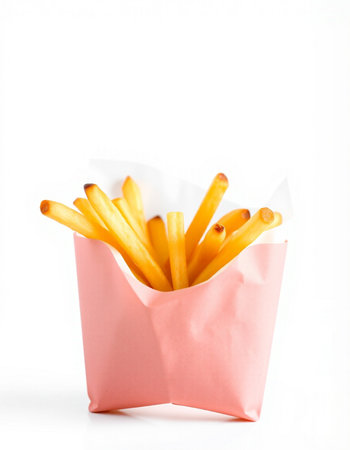 French fries in paper bag isolated on white background. Selective focus.の写真素材