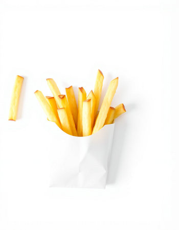 French fries in paper bag isolated on white background. Top view.