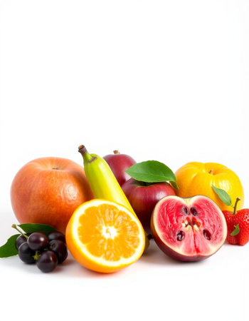 Fresh fruits isolated on white background. Healthy food, diet and nutrition concept.の写真素材