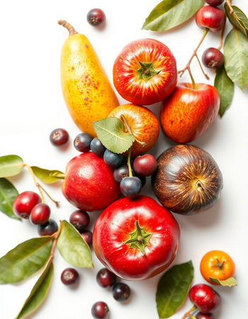 Fruits and berries on a white background. View from above.の写真素材