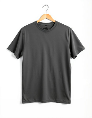 Black t-shirt on a hanger on a white background.