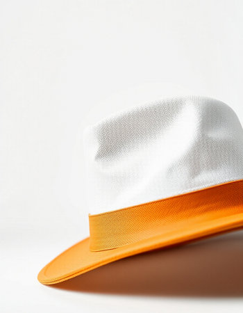 Orange and white hat on a white background close-up macro shotの写真素材