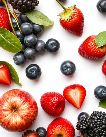 Strawberry, blueberry, apple and blackberry on white background