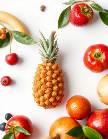 Creative layout made of fresh fruits on white background. Flat lay, top viewの写真素材