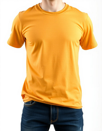 Yellow t-shirt on a man's torso isolated on white backgroundの写真素材