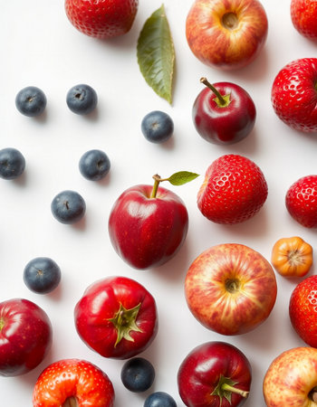Fruit background with strawberries, blueberries, cherries and applesの写真素材