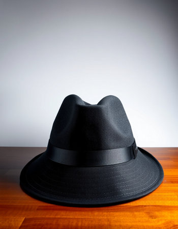 Black hat on the wooden table with gray background. Studio shot.の写真素材