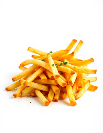 French fries with parsley on white background. Selective focus.