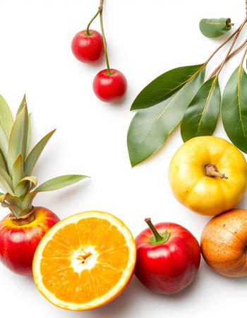 Fruits isolated on white background. Healthy food concept. Flat lay, top viewの写真素材