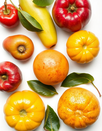 Fruits and vegetables isolated on a white background. Top view.の写真素材