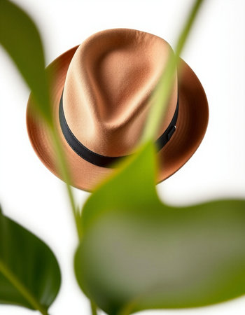 Brown hat on a green leaf on a white background, close-upの写真素材