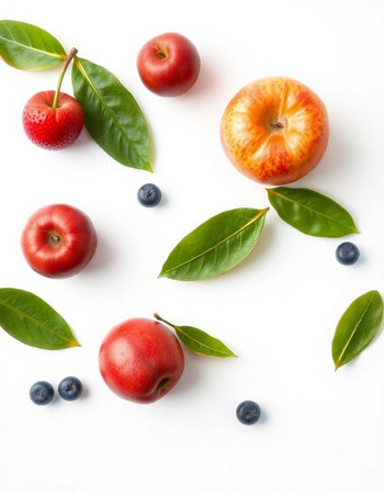 Fresh fruits with leaves on white background. Flat lay, top view