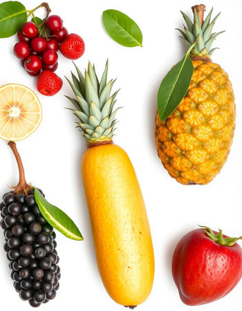 fruits and vegetables isolated on white background. top view. flat layの写真素材