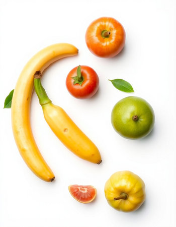 Banana, apple, tomato and grapefruit on a white backgroundの写真素材