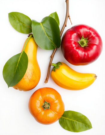 Fruits and vegetables isolated on white background. Top view. Flat lay.の写真素材