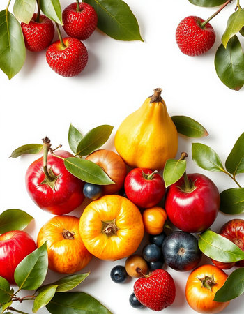 Fruits and vegetables on a white background. Flat lay, top view
