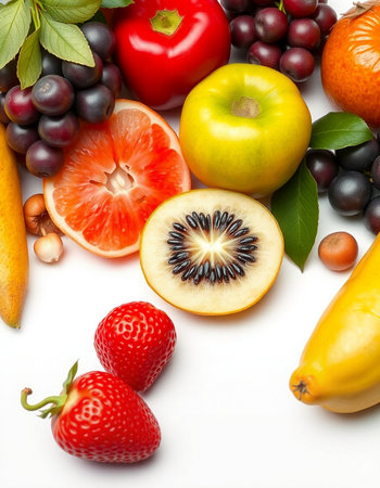 Fresh fruits and vegetables isolated on white background. Healthy food concept.の写真素材